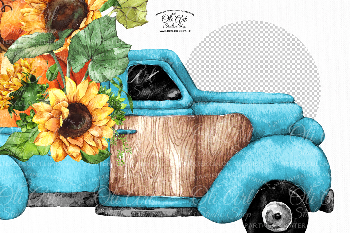 Watercolor Truck with Pumpkins and Sunflower. Fall clipart - Crealandia