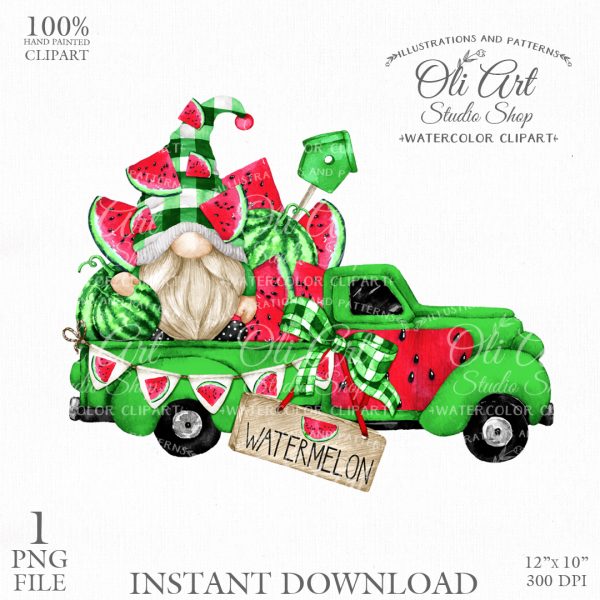 Watermelon truck clipart, gnome, digital download design