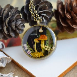Real mushroom necklace. Black necklace with real tiny mushrooms