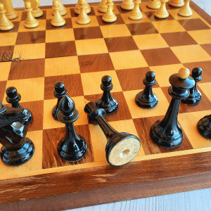 Home 624 Wooden chess set USSR: vintage 1960s chess pieces + big 45 cm folding chess board
