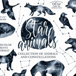 Watercolor constellation art. Animals and stars collection