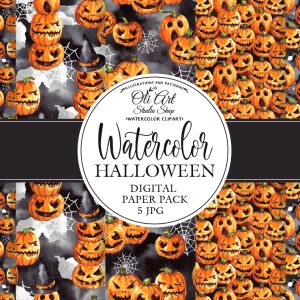 Watercolor Pumpkin. Happy HALLOWEEN. Fall Halloween black backround
