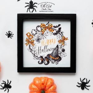 Happy Halloween Wreath, Pumpkin, Witch Hat. Hand painted clipart.