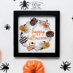 Happy Halloween Wreath, Pumpkin, Witch Hat. Hand painted clipart.