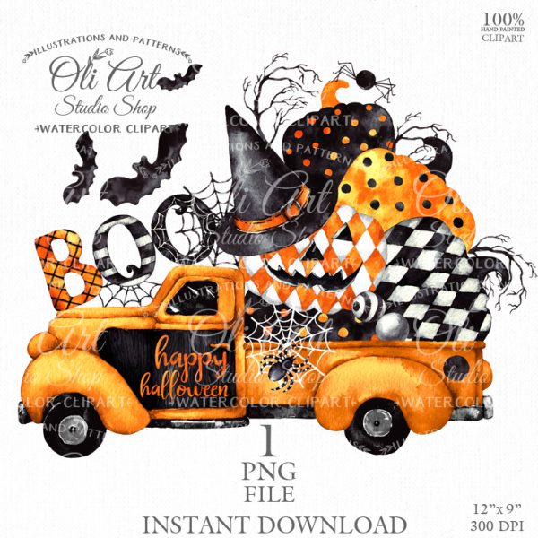 Happy HALLOWEEN Watercolor Truck with Pumpkins. Fall, Halloween.