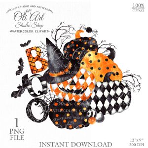 Happy HALLOWEEN Watercolor with Pumpkins. Fall. Sublimation Png