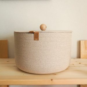 linen rope basket with lid and wooden handle