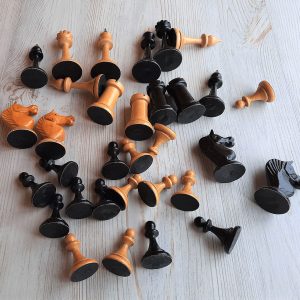 Russian vintage old chess pieces set 1950s – Soviet artel made wooden chessmen antique