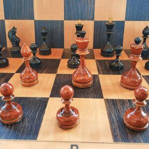 red black small weighted soviet chess pieces 1950s