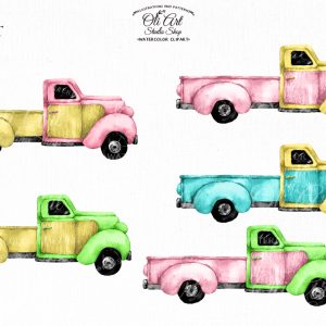 Watercolor Trucks clipart, Vintage Truck, Retro Trucks, easter