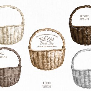 Watercolor baskets clipart, set of wicker baskets, hand drawn