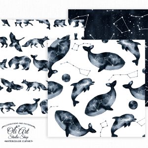Watercolor constellation art. Animals and stars collection