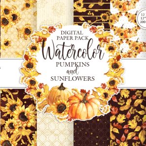 Digital paper pack. Watercolor sunflower and Pumpkin clipart