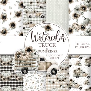 Digital paper pack. Watercolor truck with pumpkins and sunflower