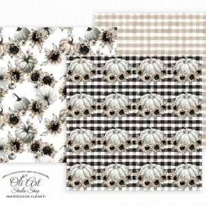 Digital paper pack. Watercolor truck with pumpkins and sunflower