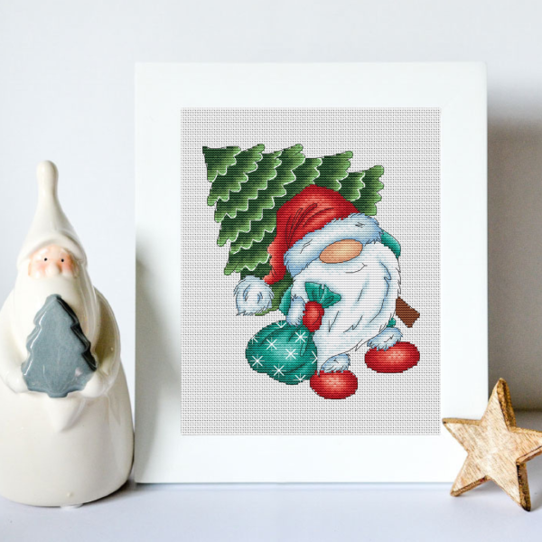 Gnome with Christmas tree cross stitch pattern PDF, santa gnome