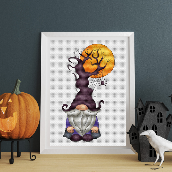Halloween gnome cross stitch pattern PDF, full moon cross stitch