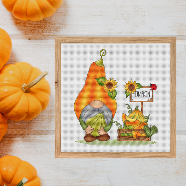 Gnome with pumpkins cross stitch pattern PDF, fall cross stitch