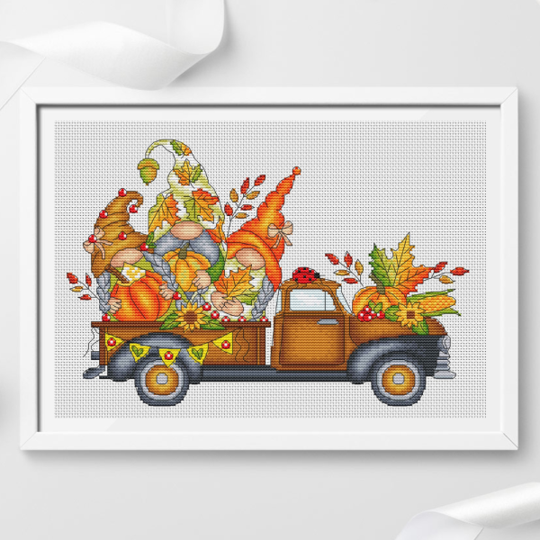 Thanksgiving gnomes cross stitch pattern PDF, truck cross stitch