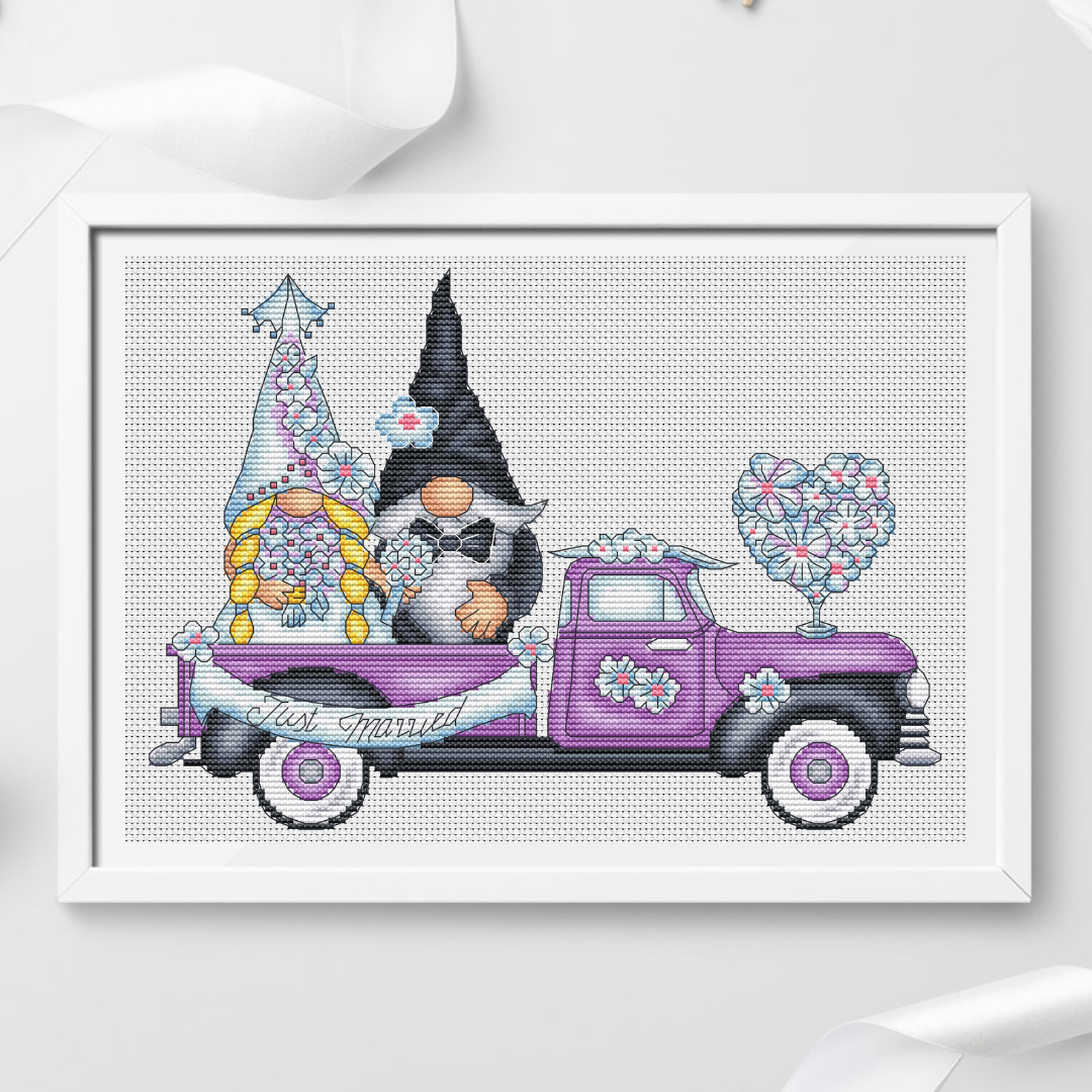 Wedding gnomes truck cross stitch pattern PDF, bride and groom 1 Wedding gnomes truck cross stitch pattern PDF, bride and groom