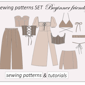 Set of 6 sewing patterns with tutorials: bustier, milkmaid dress, crop top, mini skirt, palazzo pants, corset