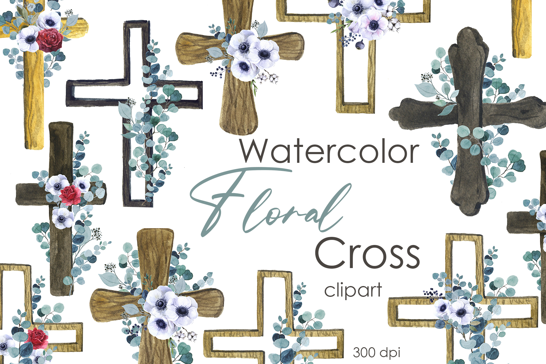 Wooden cross watercolor clipart, Religious Easter clipart