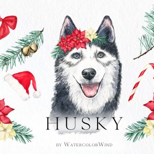 Casa 771 watercolor Christmas husky dog clipart