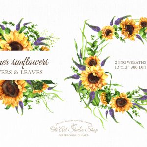 Watercolor sunflowers with leaves. Floral wreaths. Summer flowers