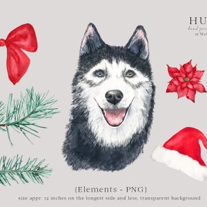 Casa 772 Watercolor Christmas Husky Dog Clipart for Instant Download