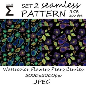 Watercolor Magic Pears Berries Seamless pattern Design fabric & clothers Printing wallpaper Endless Background DIY Craft Make a design Instant Download