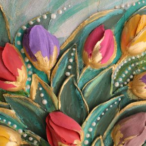 Tulips painting, original floral plaster sculpture, 3d flowers, handmade home decor.