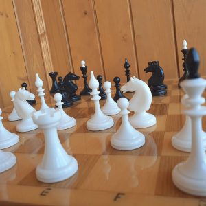 Wooden folding chess board + elegant white black chessmen – Soviet chess set vintage