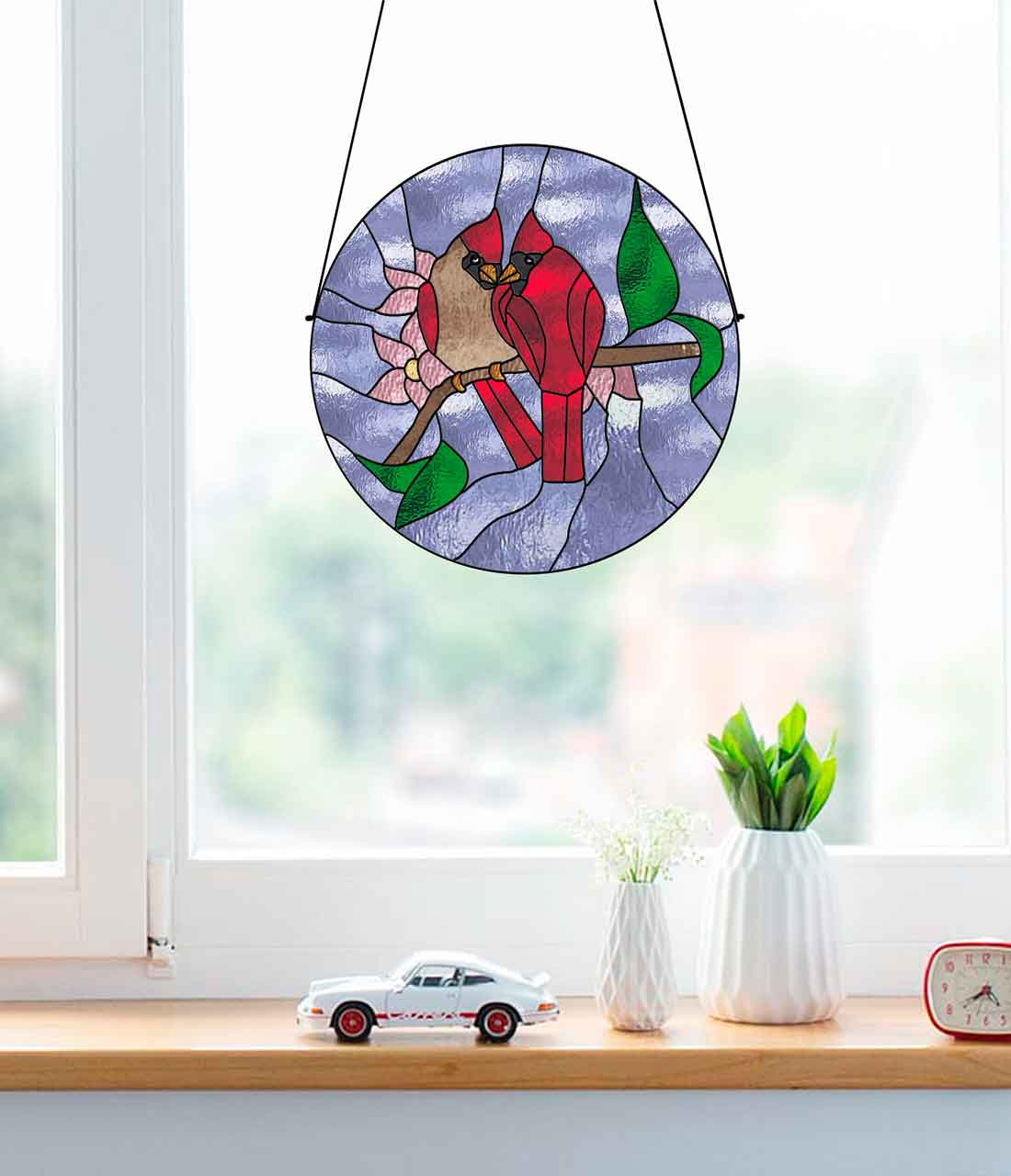 Red Cardinal Stained Glass Suncatcher Bird - Crealandia