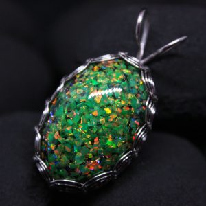 Green opal pendant. Dragon egg necklace with laboratory opal mosaic and lava. Wire wrap handmade, fire olive