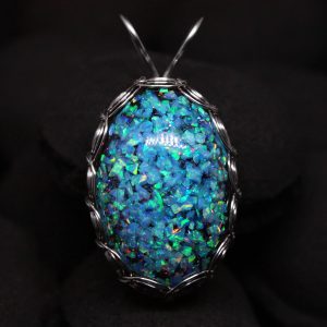 Blue opal pendant. Dragon egg necklace with laboratory opal mosaic and lava. Fire wire wrap handmade