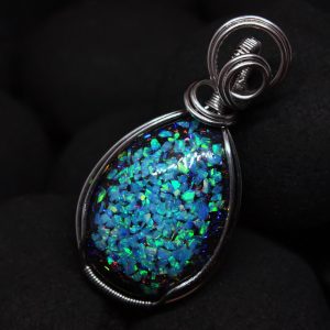 Teardrop blue opal pendant. Laboratory opals and stainless steel wire. Mosaic Opal necklace, wire wrap handmade, light blue