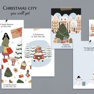 Christmas city clipart, People on winter market illustration