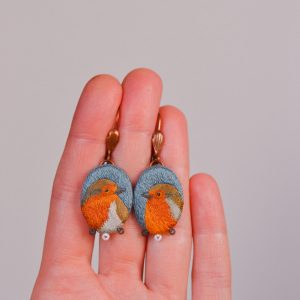 Embroidered earrigs beaded jewelry Robin bird handmade jewelry