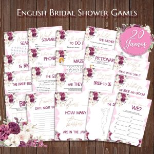 Maroon Floral Bridal Shower Games Bundle Hen Party Games Bride