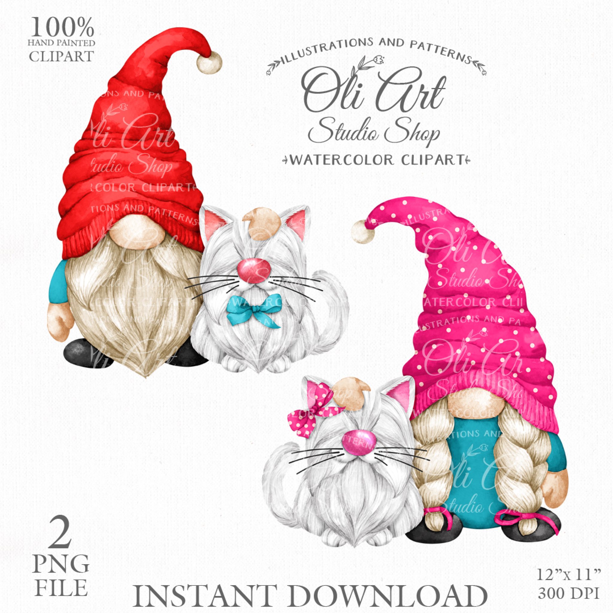 Gnome Walking the Cat Clip Art. Cat Lovers. Cute Characters. - Crealandia