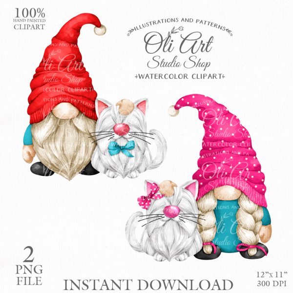 Gnome Walking the Cat Clip Art. Cat Lovers. Cute Characters.