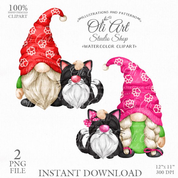 Gnome Walking the Cat Clip Art. Cat Lovers. Cute Characters.
