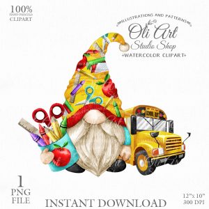 Gnome Clip Art. School Bus. Schoolboy Gnome, Hand Drawn graphics.