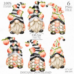 Gnomes & peaches clipart, Cute characters, Hand Drawn graphics