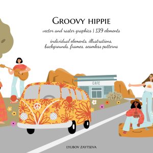 Groovy hippie clipart, retro 70s hippy van bus illustrations