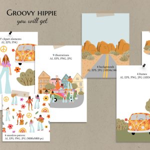 Groovy hippie clipart, retro 70s hippy van bus illustrations