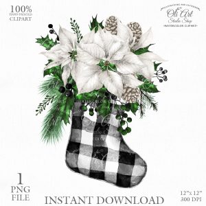 Merry Christmas Digital Clip Art. Christmas Sock, White Poinsettia