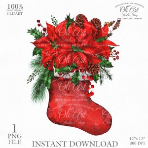 Merry Christmas Digital Clip Art. Christmas Sock, red Poinsettia