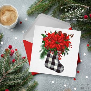 Merry Christmas Digital Clip Art. Christmas Sock, red Poinsettia.