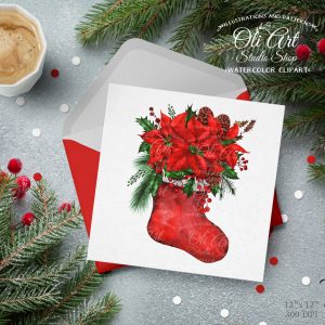 Merry Christmas Digital Clip Art. Christmas Sock, red Poinsettia